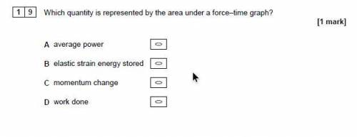 Which quantity is represented by the area under a force-time graph?

 
[1 mark]
A average power [e]
