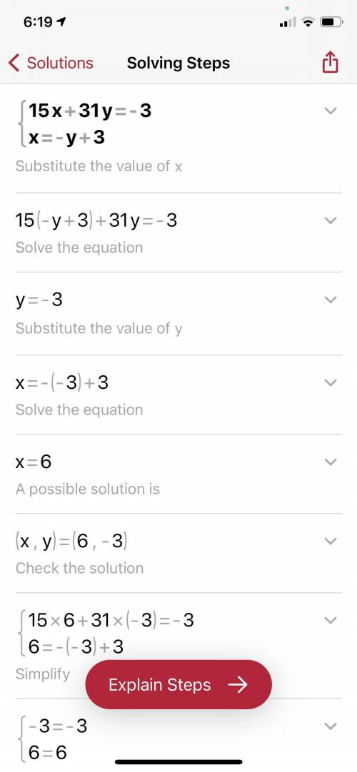 Solve the system of equations.
15x + 31y = -3
X = -y + 3
