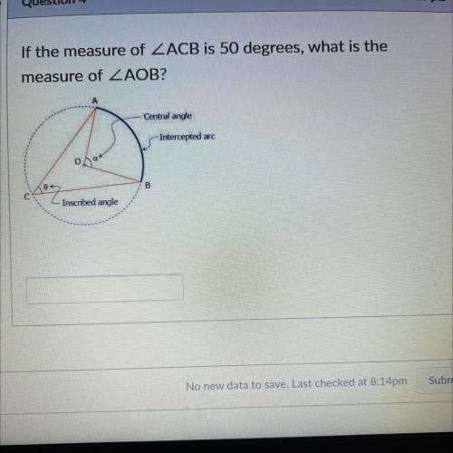 If the measure of ACB is 50 degrees, what is the measure of that AOB