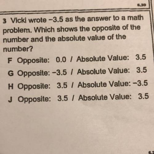 vicki wrote -3.5 as the answer to a math problem. which shows the opposite of the number and the ab