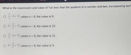 What is the expression and value of six less than the quotient of a number and two, increased by t