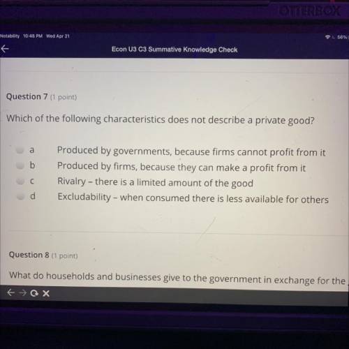 Which of the following characteristics does not describe a private good?