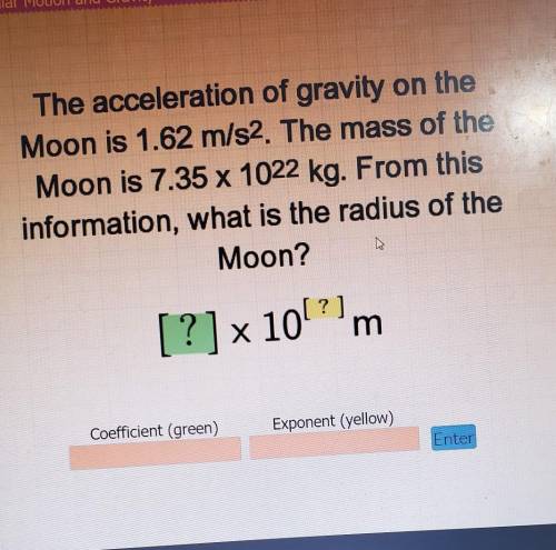 Pls Help

The acceleration of gravity on theMoon is 1.62 m/s2. The mass of theMoon is 7.35 x 1022