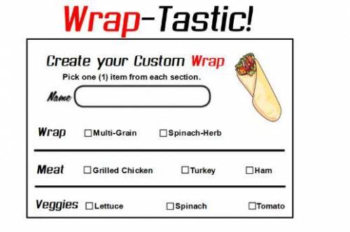 A food shop makes wraps where you can only choose one kind of wrap, one meat, and one veggie. (NO T