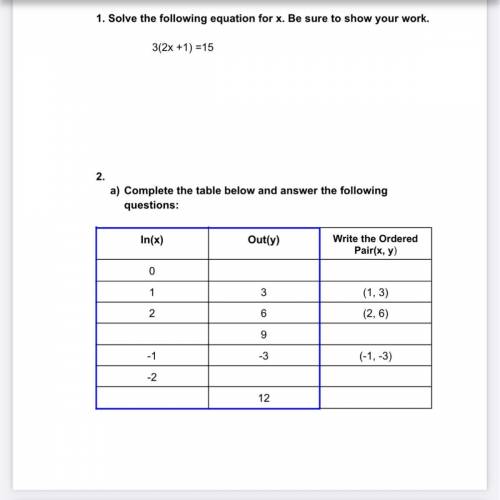 Help solve for x and fill in the table show your work