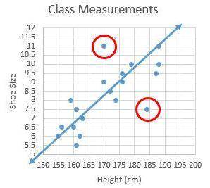 Explain the possible meaning for the two outliers in the scatter plot below. Write 1-2 complete sen