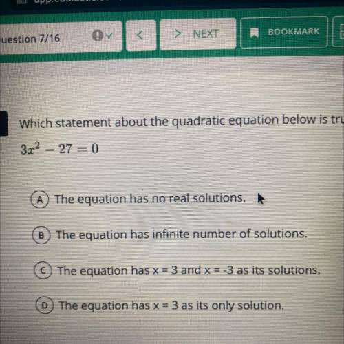 Which statement about the quadratic equation below is true?
3x^2-27=0