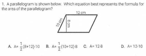 A parallelogram is shown below. Which equation best represents the formula for the area of the para