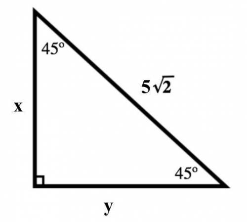 Find the values of the missing sides, x and y.
