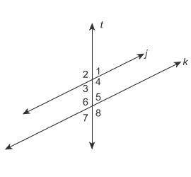 In the figure, j∥k and m∠1 = 63°. What is the m∠4?

Enter your answer in the box. ° Line t diagona