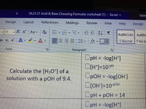 Calculate the [H3O+] of a solution with a pOH of 9. 4 (Show your work) NO LINKS PLEASE Please help