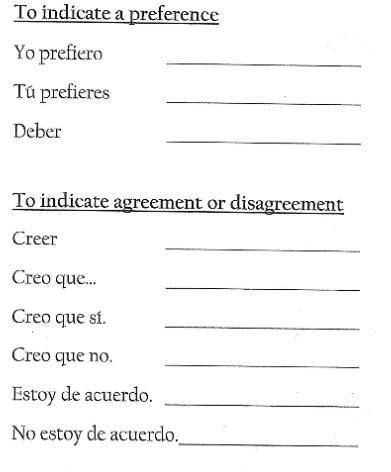 Fill this out:

To indicate a preference:
Yo prefiero
Tú prefieres
Deber
To indicate agreement or