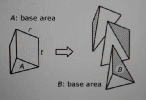 The prism can be cut into three pyramids with the shaded faces congruent. If the shaded faces are c