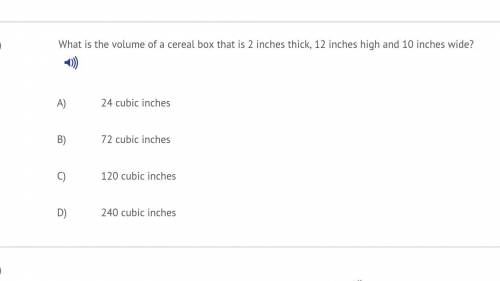 What is the volume of a cereal box that is 2 inches thick, 12 inches high and 10 inches wide?
