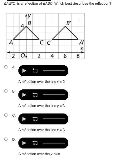 (I need this in 10 min help ASAP) ΔA’B’C’ is a reflection of ΔABC. Which best describes the reflect
