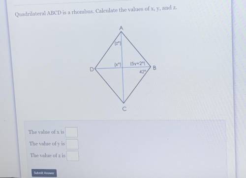 Quadrilateral ABCD is a rhombus. Calculate the values of x, y, and z.