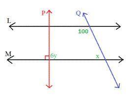 For the following diagram, assume that

L || M
.
Solve for each of the variables, 
x
and 
y
. For