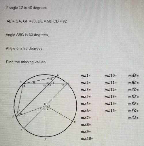 If angle 12 is 40 degrees AB = GA, GE =30, DE = 58, CD = 92 Angle ABG is 30 degrees, Angle 6 is 25