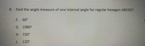 Find the angle measure of one internal angle for regular hexagon ABCDEF.
