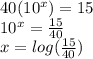 40(10^x)=15\\10^x=\frac{15}{40}\\x=log(\frac{15}{40})