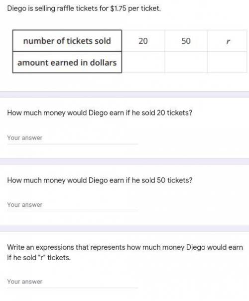 Diego is selling raffle tickets for $1.75 per ticket.

1- How much money would Diego earn if he so