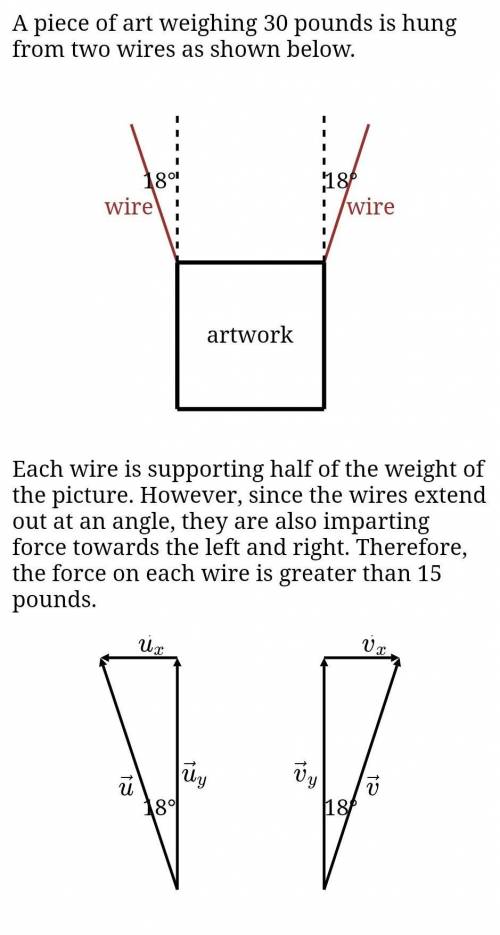 A piece of art weighing 30 pounds is hung from two wires as shown below. Each wire is supporting ha