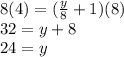 8(4) = (\frac{y}{8} + 1)(8)\\32 = y + 8\\24 = y