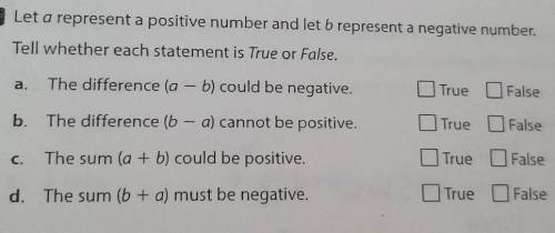 Let a represent a positive number and let b represent a negative number. Tell whether each statemen