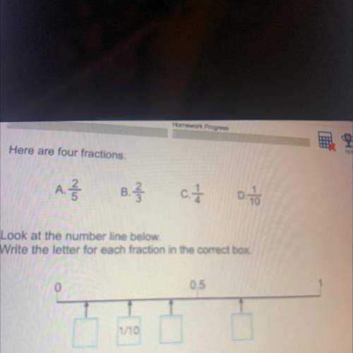 here are four fractions 2/5 2/3 1/14 1/10 look at the number line below write the letter for each f