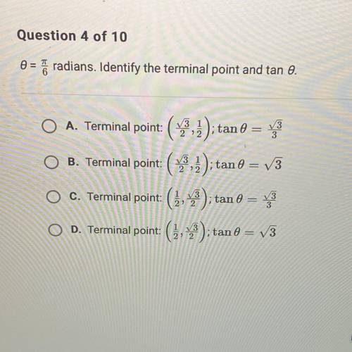 Ø = pie/6 radians. identify the terminal point and tan ø