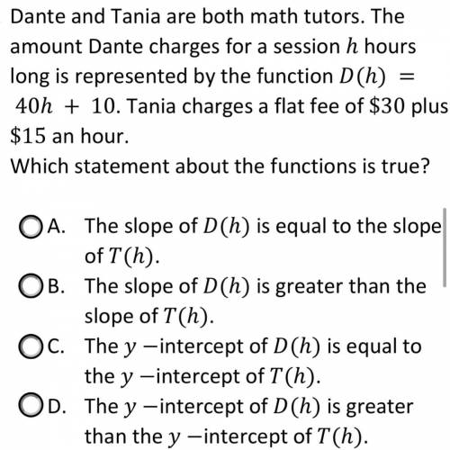 Dante and Tania are both math tutors. The amount Dante charges for a session h hours long is repres
