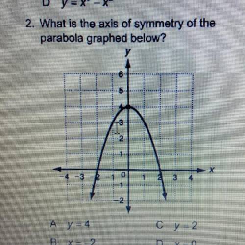 2. What is the axis of symmetry of the

parabola graphed below?
A y = 4
B X = 2
су - 2
D X = 0