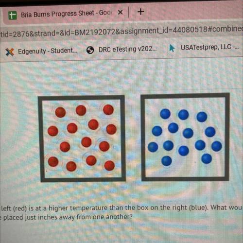 The box on the left (red) is at a higher temperature than the box on the right (blue). What would l