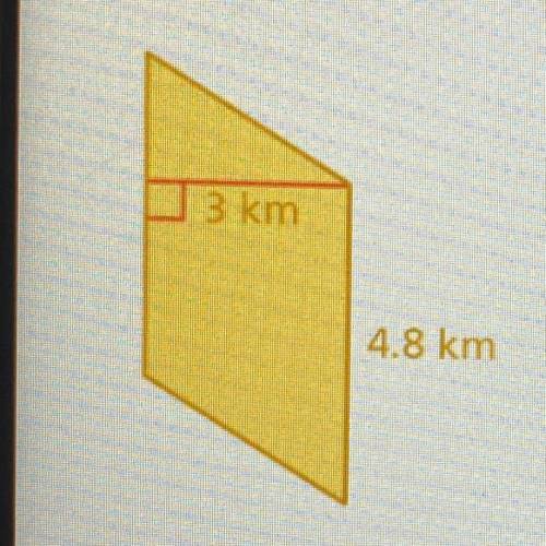 Find the area of the parallelogram.

3 km
4.8 km
The area of the parallelogram is ___ square kilom