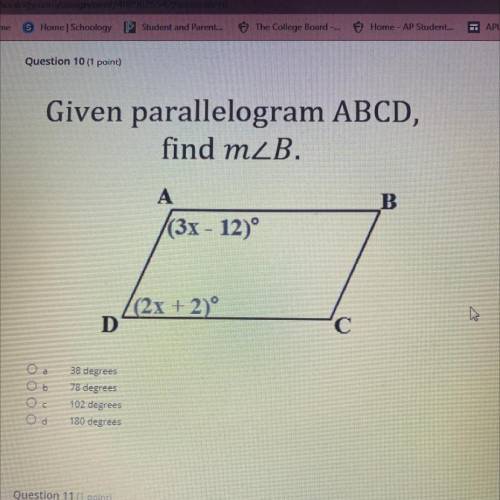 Given parallelogram ABCD,
find m2B.