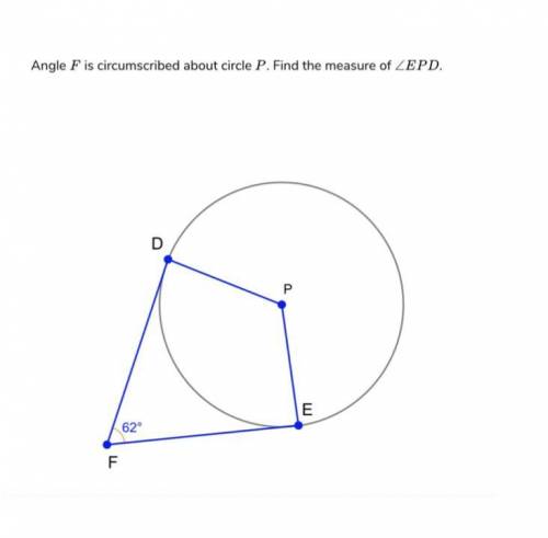 WILL GIVE BRAINLIEST ANSWER

Angle F is circumscribed about circle P. Find the measure of EPD.