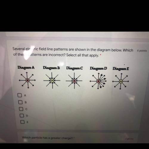 6 points

Several electric field line patterns are shown in the diagram below. Which
of these patt