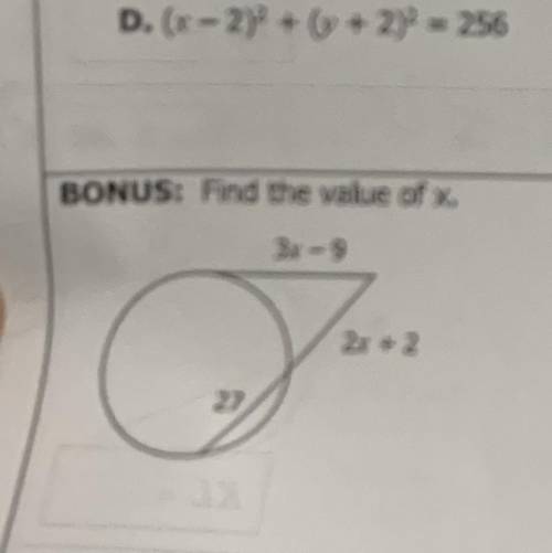 Find the value of x.

(I know it’s blurry sorry, here are the numbers) 
3x-9 
2x+2
27
Please help!