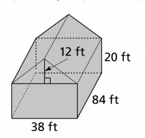 A barn is shaped like a rectangular prism with a triangular prism on top as shown. The exterior fou