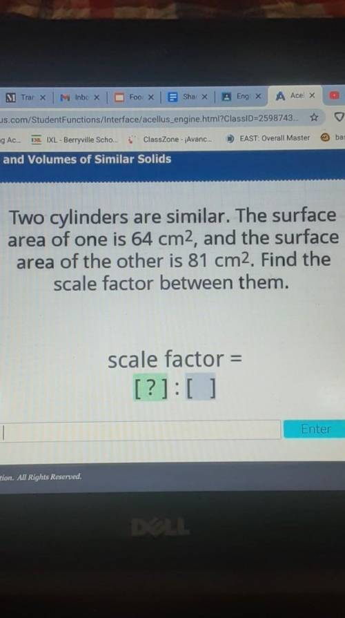 Areas and Volumes of Similar Solids Two cylinders are similar. The surface area of one is 64 cm2, a
