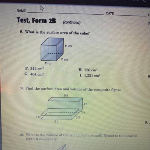 Please help me.9. Find the surface area and volume of the composite figure

9 ft
4 ft
2 ft
1 ft
3