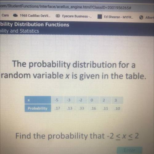 The probability distribution for a

random variable x is given in the table.
Х
-5
3
2
0
2
3
Probab