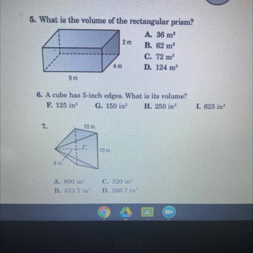 What is the volume of the rectangle prism?

A 36 m(3)
B 62 m(3)
C 72 m(3)
D 124 m(3)
