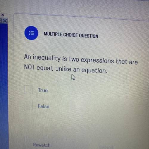 An inequality is two expressions that are
NOT equal, unlike an equation.
True
False