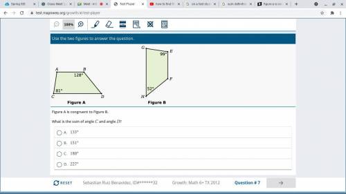 Figure a is congruent to figure bwhat is the sum of angle c and angle d