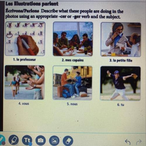 Les illustrations parlent

Écrivons/Parlons Describe what these people are doing in the
photos usi