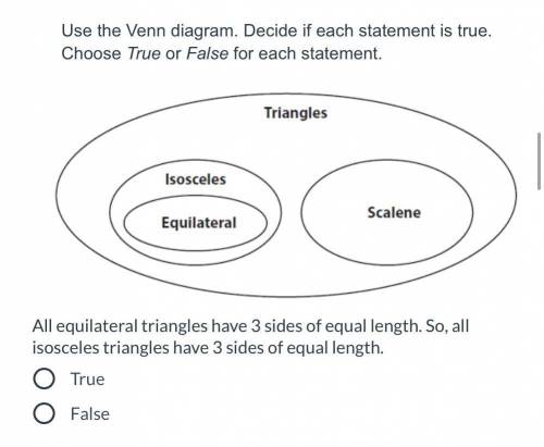 Use the Venn diagram. Decide if each statement is true. Choose True or False for each statement.