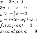 x + 3y  9 \\ 3y   - x + 9 \\ y   -  \frac{1}{3} x + 3 \\ y - intercept \: is \: 3 \\ first \: point = 3 \\ second \: point \:  = 9