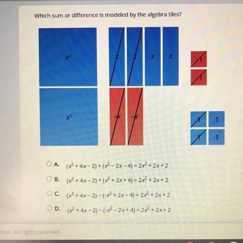 Which sum or difference ls modeled by the algebra tiles? HELPPP PLEASEE ASAPPPP
