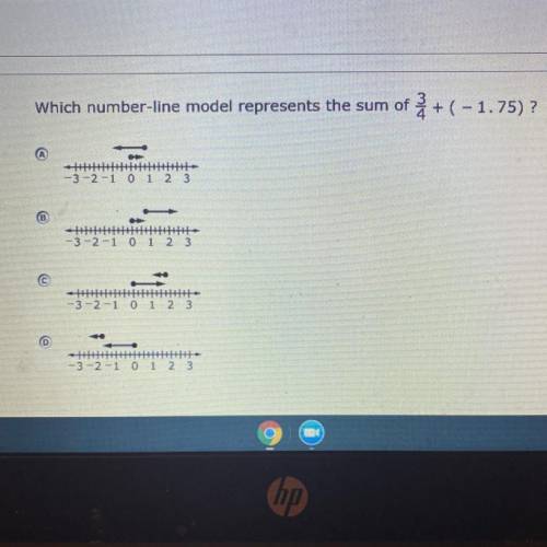 Which number-line model represents the sum of 3/4 + (-1.75)?